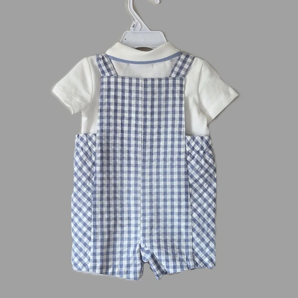 Tommy Bahama Baby Boy NWT 2pc Gingham Overalls & Polo Set Size 6-9 Months